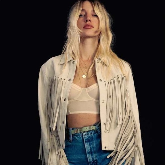 Understated Leather Mustang Jacket Marshmellow Leather Beige Fringe - Picture 1 of 13